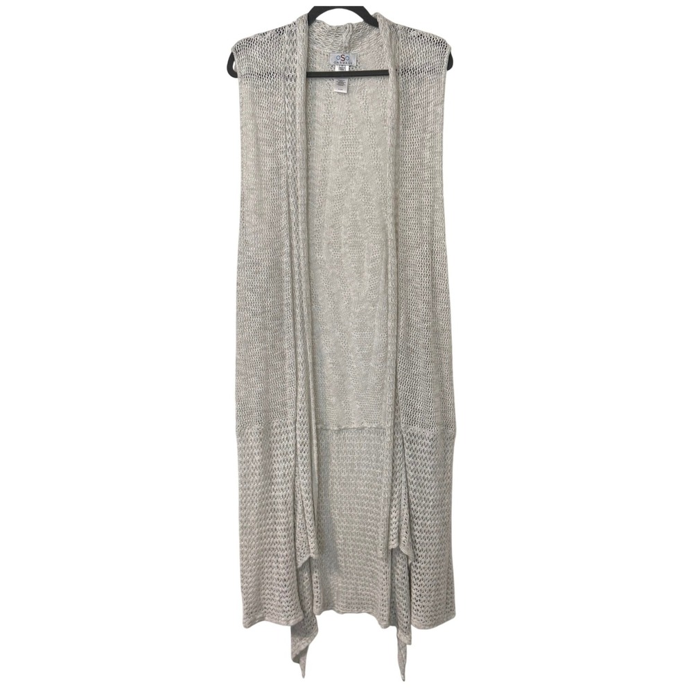 Oso Casuals Duster Cardigan Womens 1X Gray Crochet Knit Longline Open Front Boho